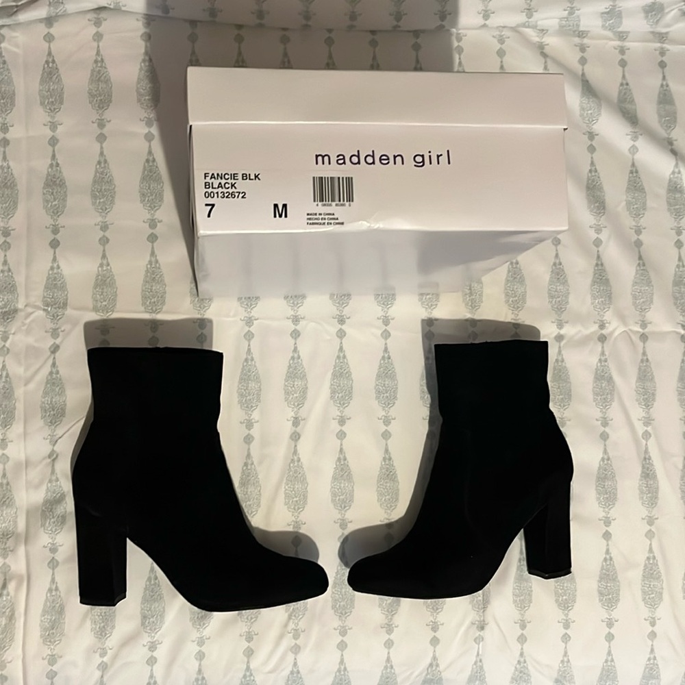 Madden girl black suede heeled boots
